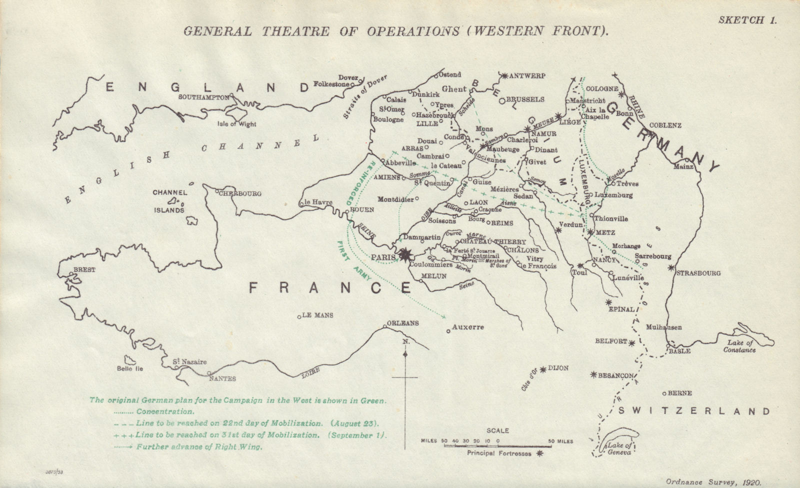 Western Front Theatre of Operations. German Plan 1914. First World War. 1933 map
