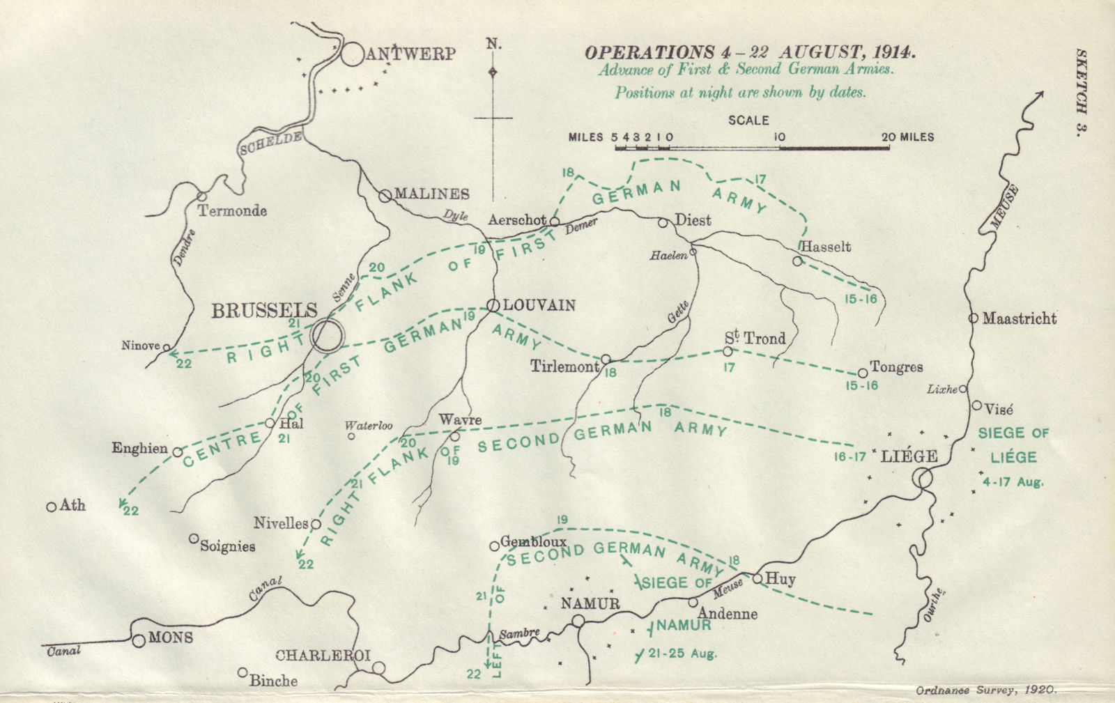 1st & 2nd German Armies advance, 4-22 August, 1914. First World War. 1933 map