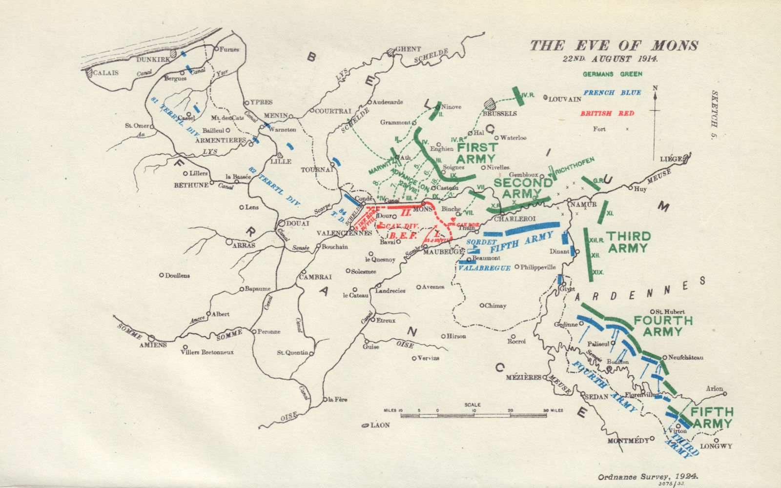 The eve of Battle of Mons, 22nd. August 1914. First World War. 1933 old map