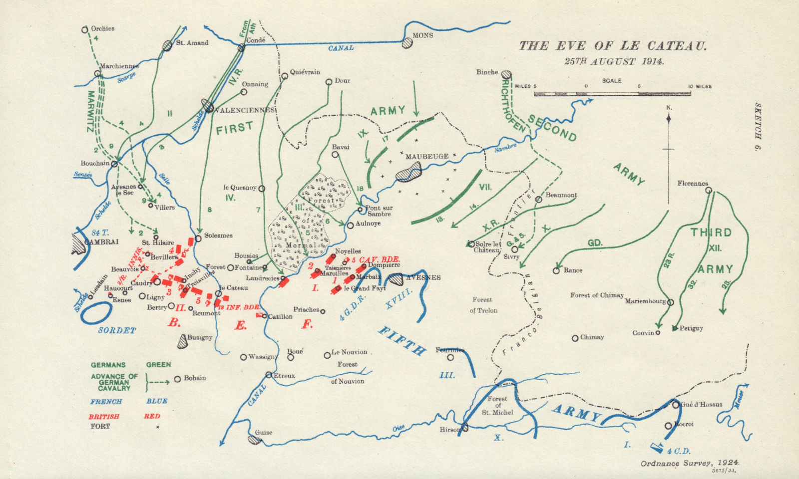 The eve of Battle of Le Cateau, 25th August 1914. First World War. 1933 map
