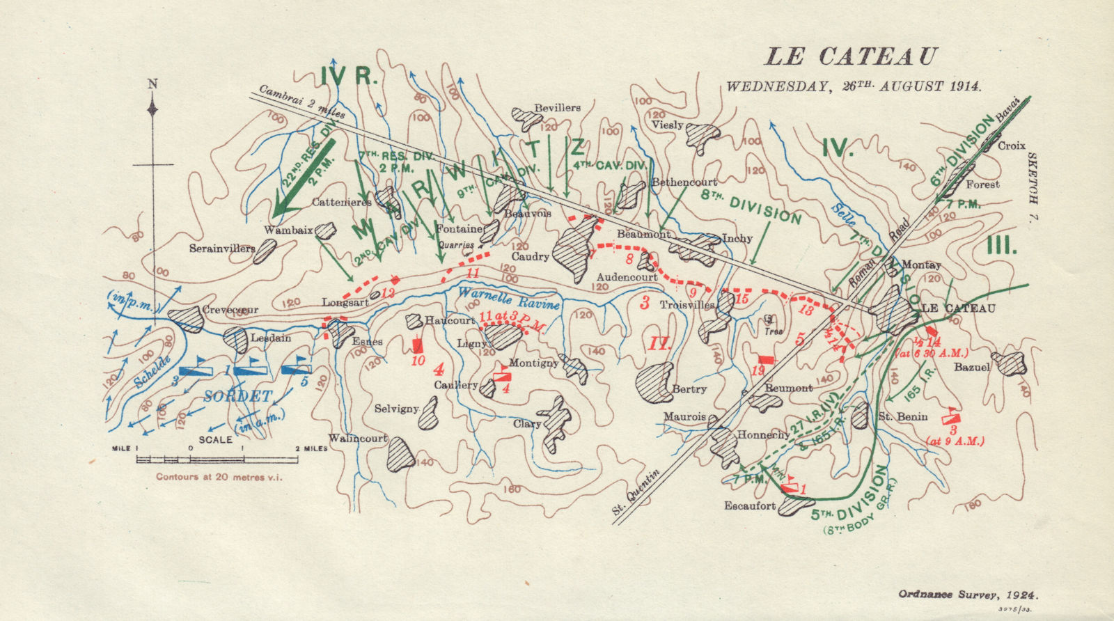 Battle of Le Cateau, 26th August 1914. First World War. 1933 old vintage map