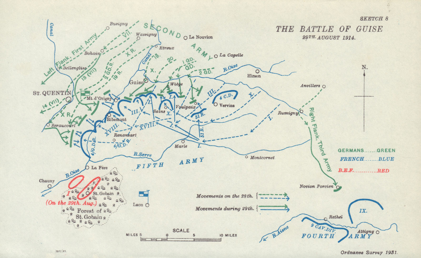 The Battle of Guise or St. Quentin, 29th August 1914. First World War. 1933 map
