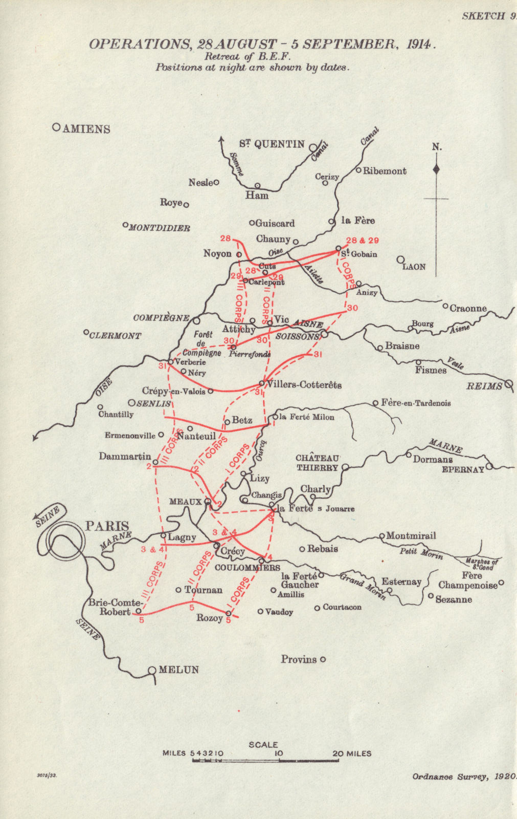 Great Retreat of B.E.F., 28 August-5 September 1914. First World War. 1933 map