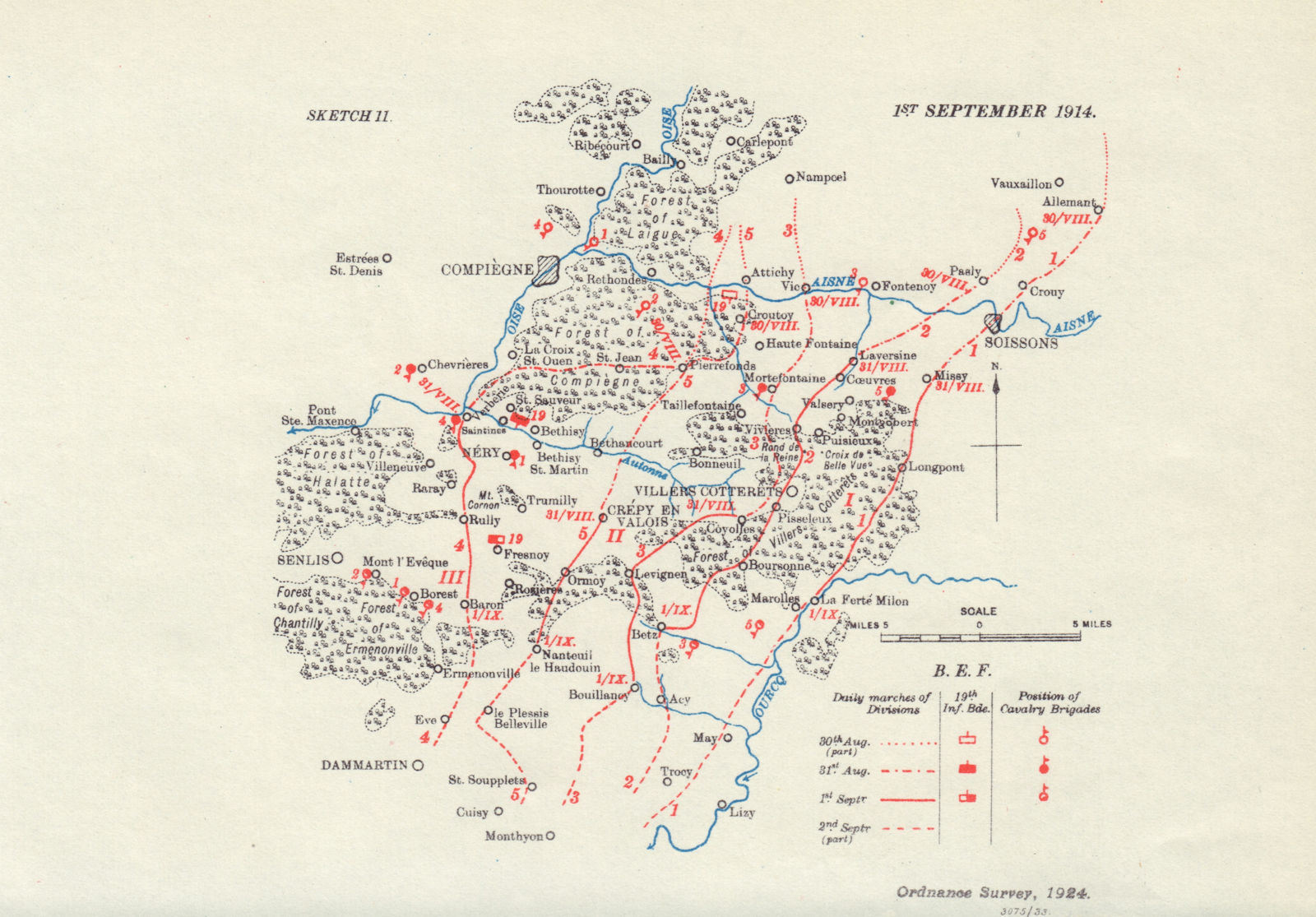 Daily marches of B.E.F. 1st September 1914. Western Front. WW1. 1933 old map