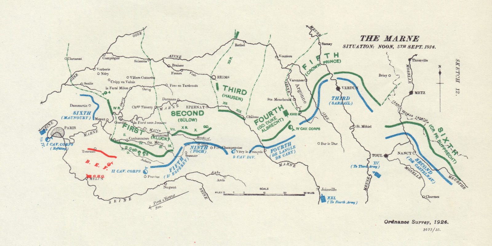 Associate Product Battle of the Marne. Situation noon, 5th Sept 1914. WW1. 1933 old vintage map