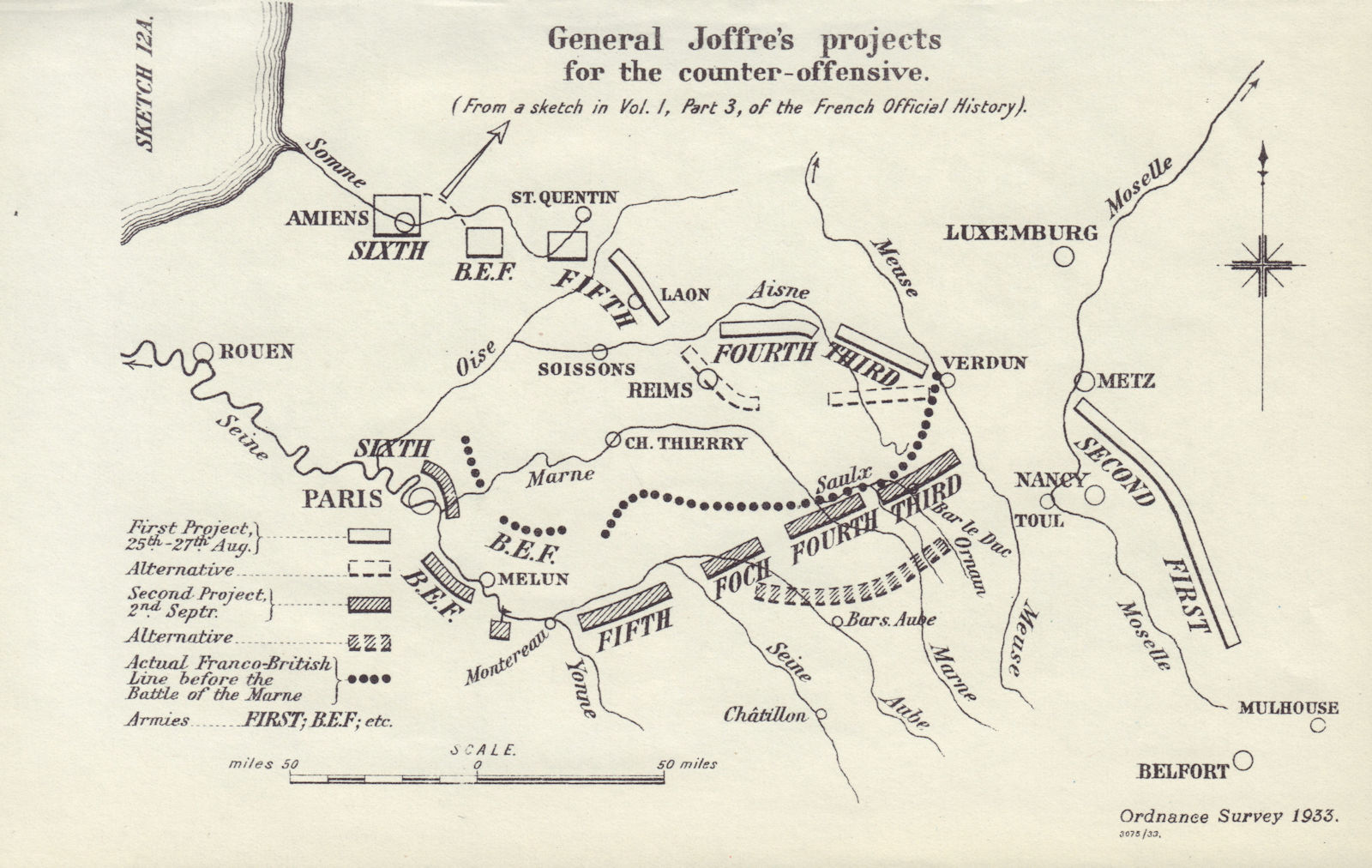 General Joffre's counter-offensive plans, 1914. Western Front. WW1. 1933 map