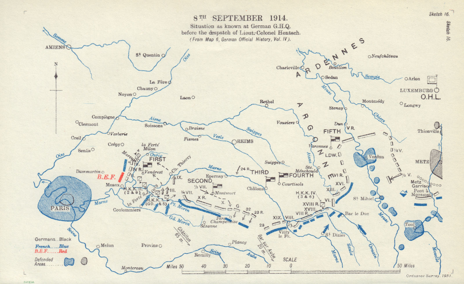 Battle of the Marne 8th September 1914. Situation as known at German HQ 1933 map