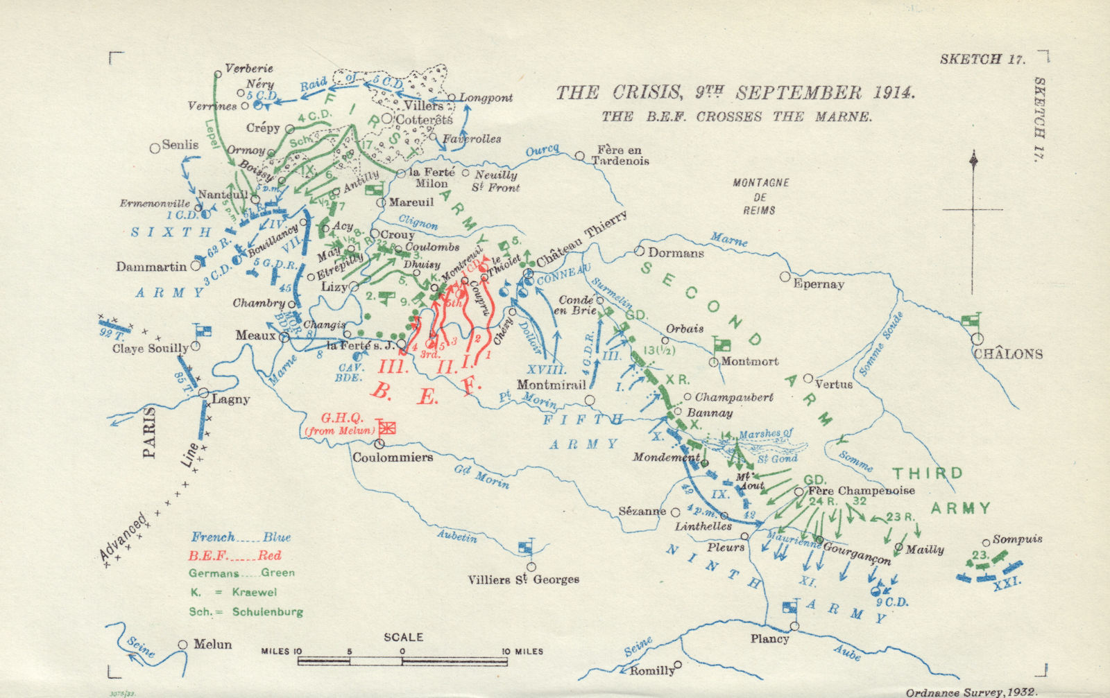 Battle of the Marne. Crisis 9th September 1914 B.E.F. crosses the Marne 1933 map