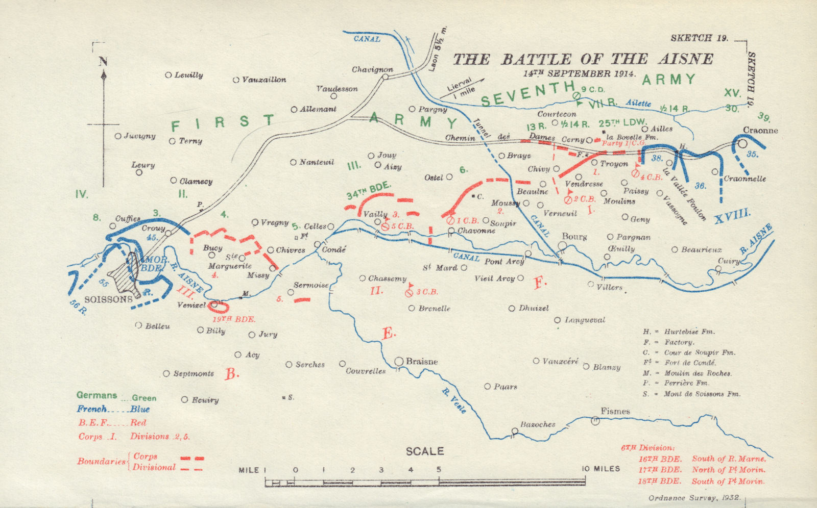 The Battle of the Aisne 14th September 1914. First World War. 1933 old map