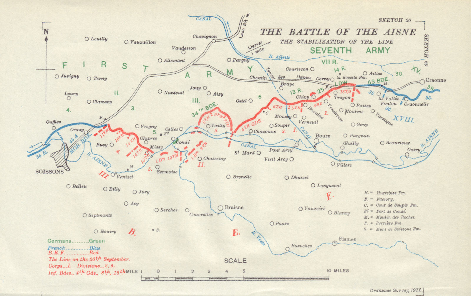 Battle of the Aisne. Stabilization of the Line. 20th Sept 1914. WW1. 1933 map