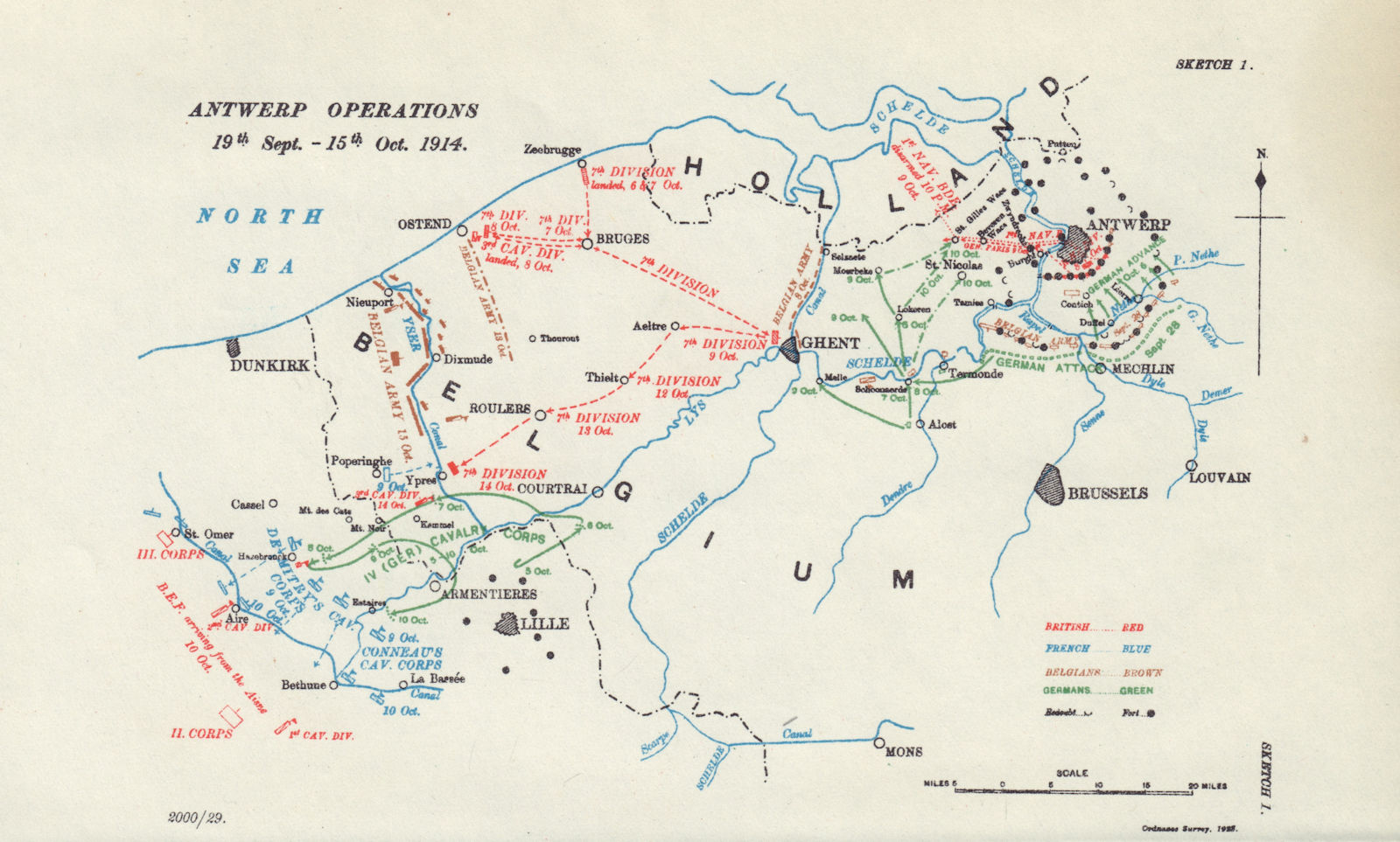 Siege of Antwerp. Operations 19th Sept-15th Oct 1914. First World War. 1925 map