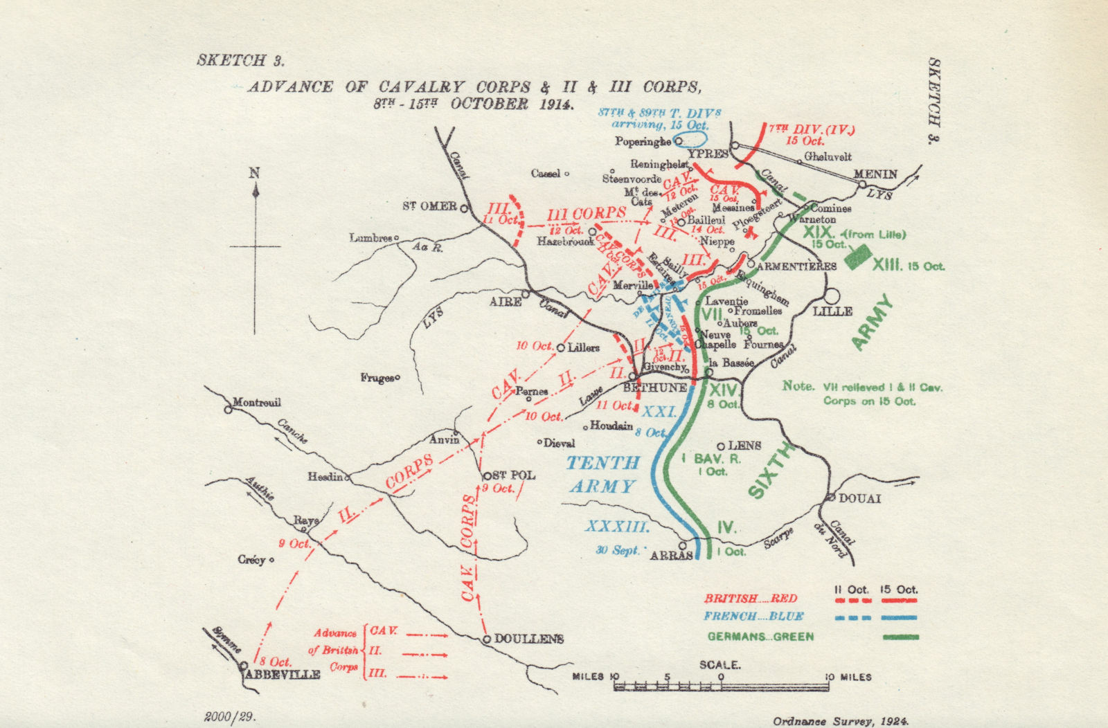 Cavalry, II & III Corps advance, 8-15th October 1914. First World War. 1925 map