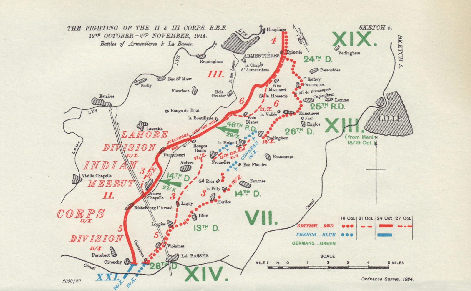 Battles of Armentière & La Bassée, 19th Oct-2nd Nov, 1914. WW1. 1925 old map