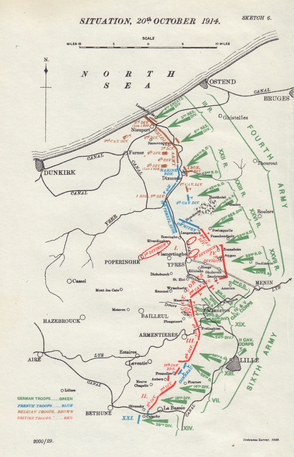 Associate Product Battle of Ypres. Situation, 20th October 1914. First World War. 1925 old map