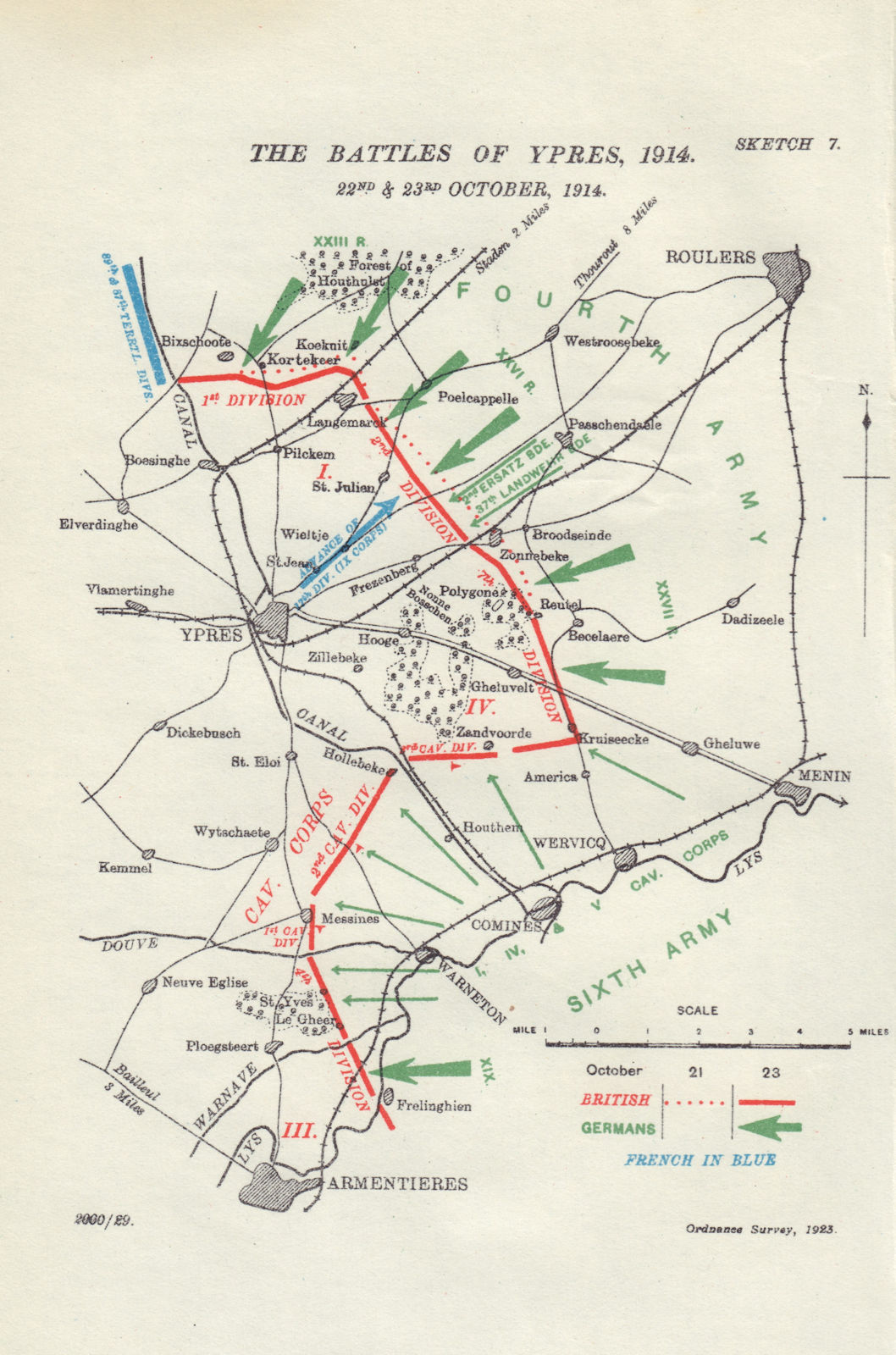 Associate Product Battle of Ypres, 22nd & 23rd October, 1914. First World War. 1925 old map