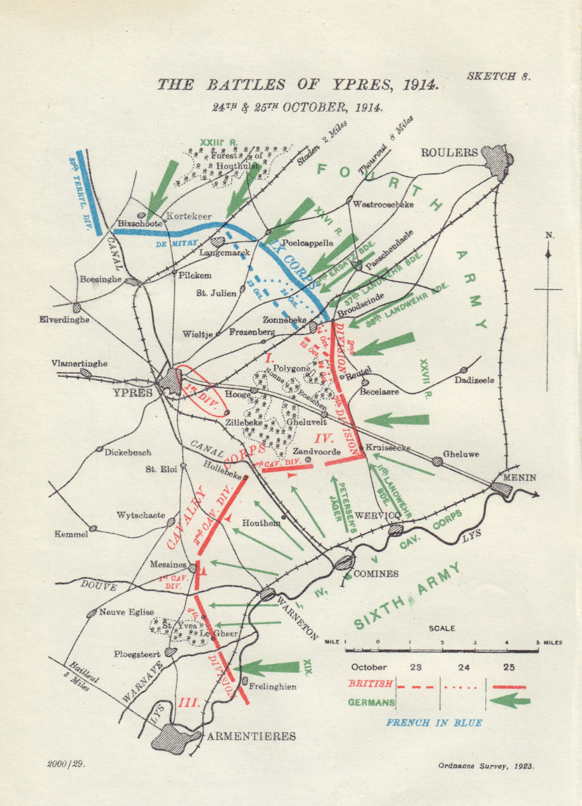 Associate Product Battle of Ypres, 24th & 25th October, 1914. First World War. 1925 old map