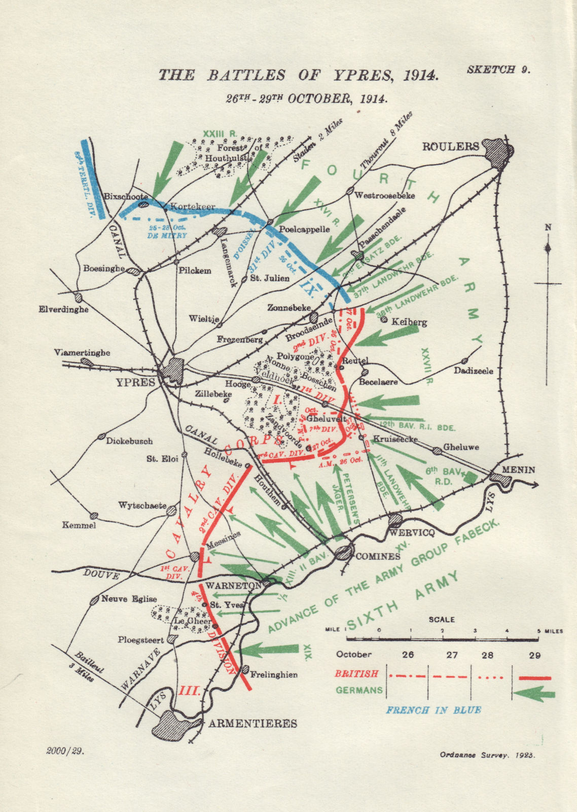 Battle of Ypres, 26th-29th October, 1914. First World War. 1925 old map