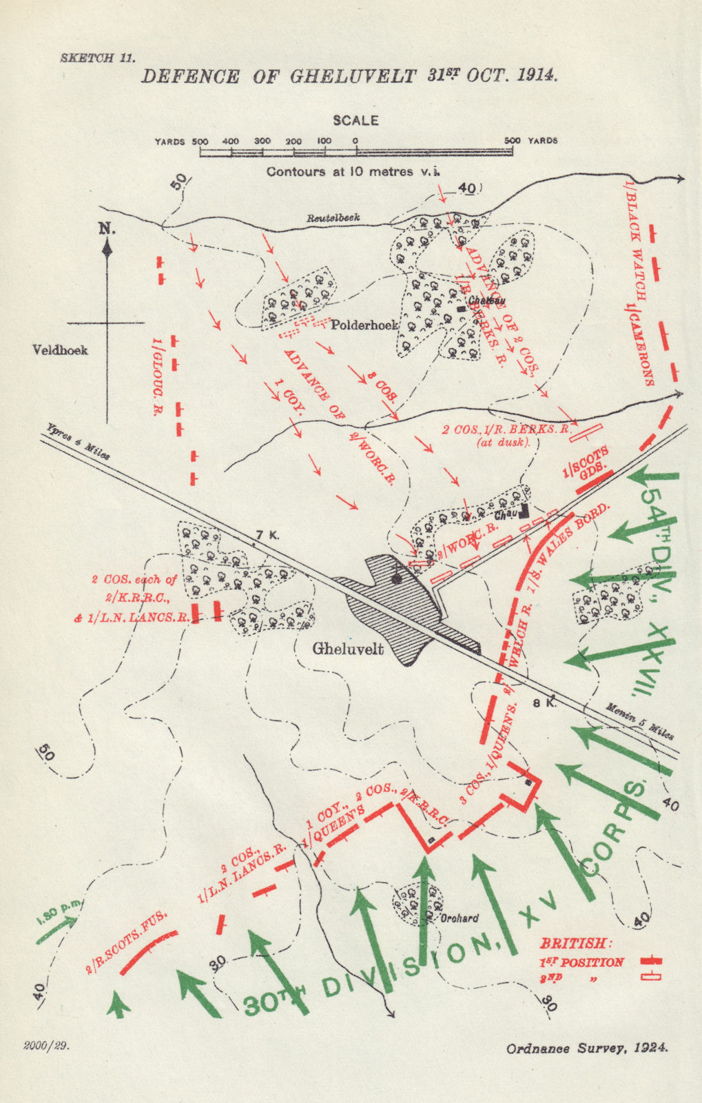 Battle of Ypres. Defence of Gheluvelt 31st Oct. 1914. First World War. 1925 map