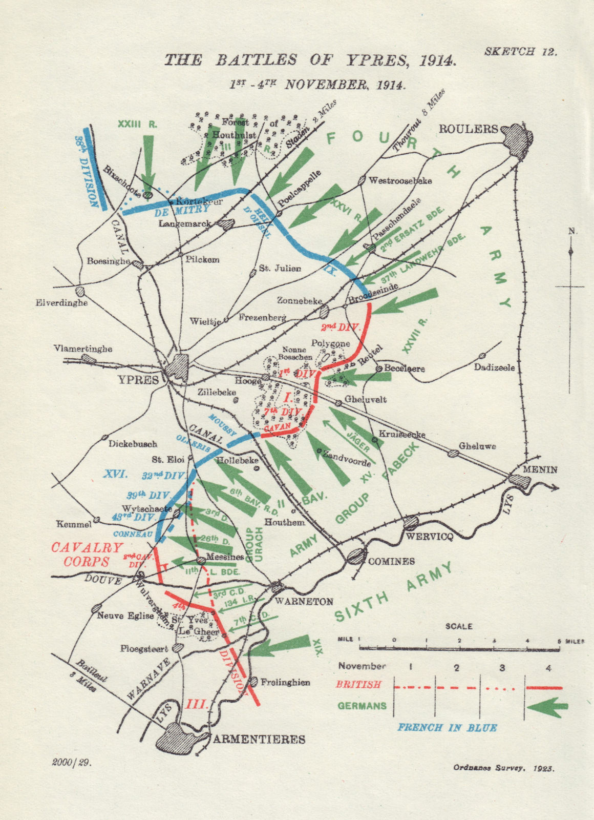 Battle of Ypres, 1st-4th November 1914. First World War. 1925 old vintage map