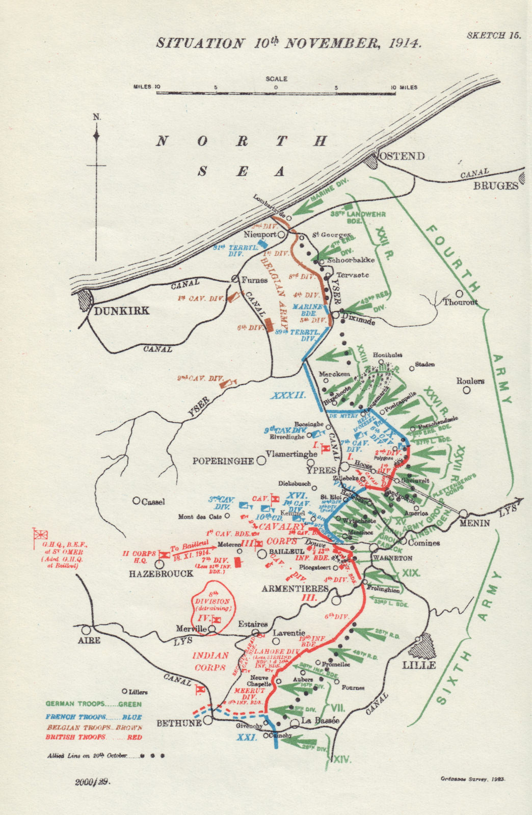Battle of Ypres, Situation 10th November, 1914. First World War. 1925 old map