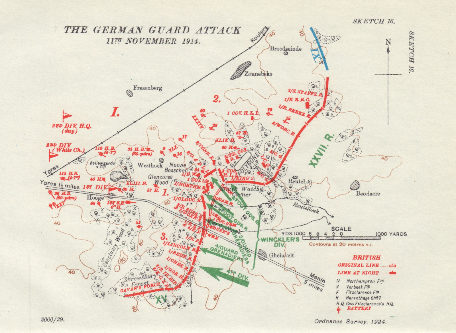 German Guard Attack 11th November 1914. Battle of Ypres. WW1. 1925 old map