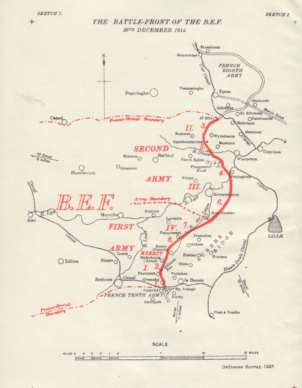 B.E.F. Battlefront 26th December 1914. Western Front. First World War. 1927 map