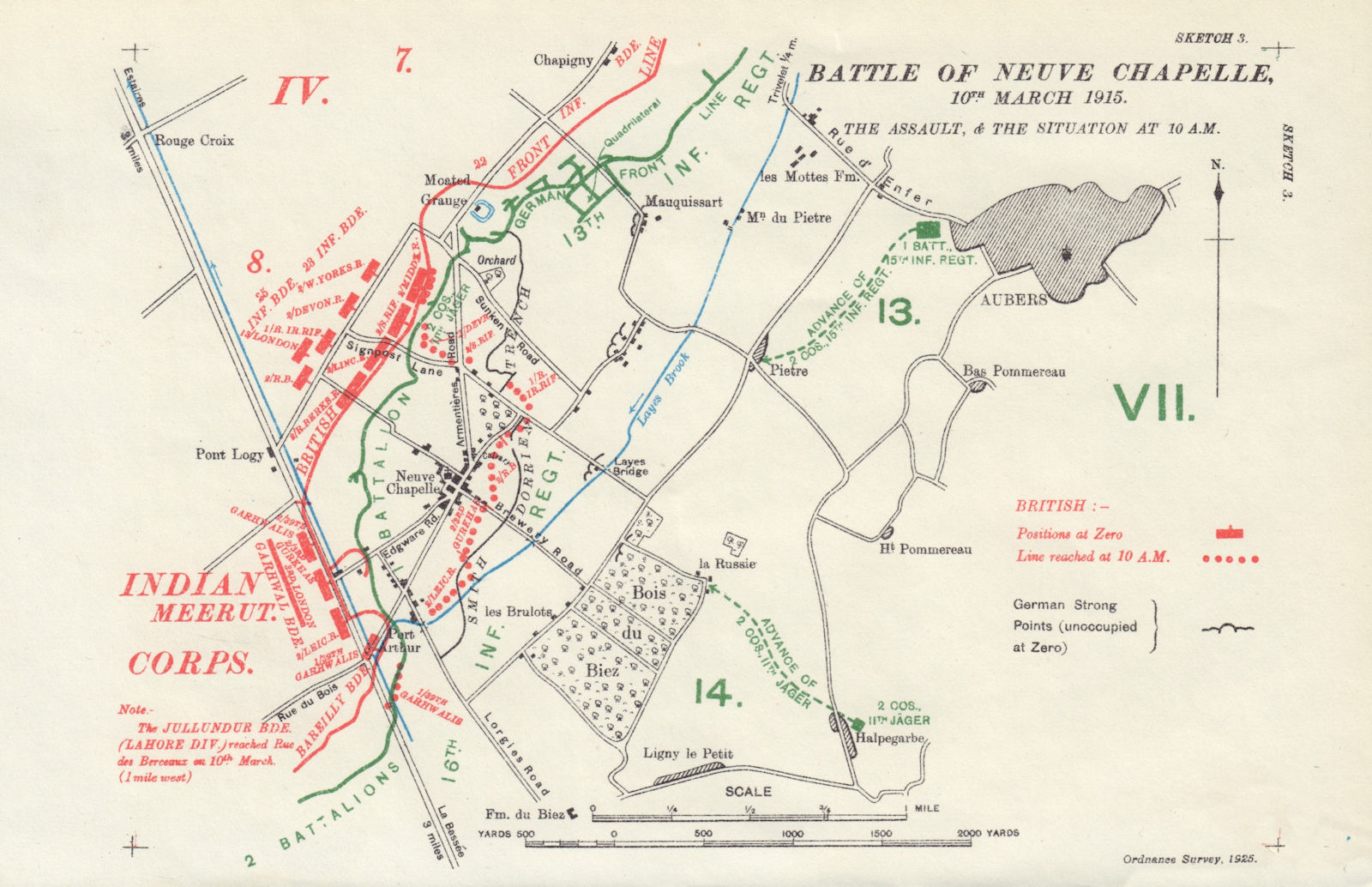 Battle of Neuve Chapelle 10th March 1915. Assault & 10am. Trenches 1927 map