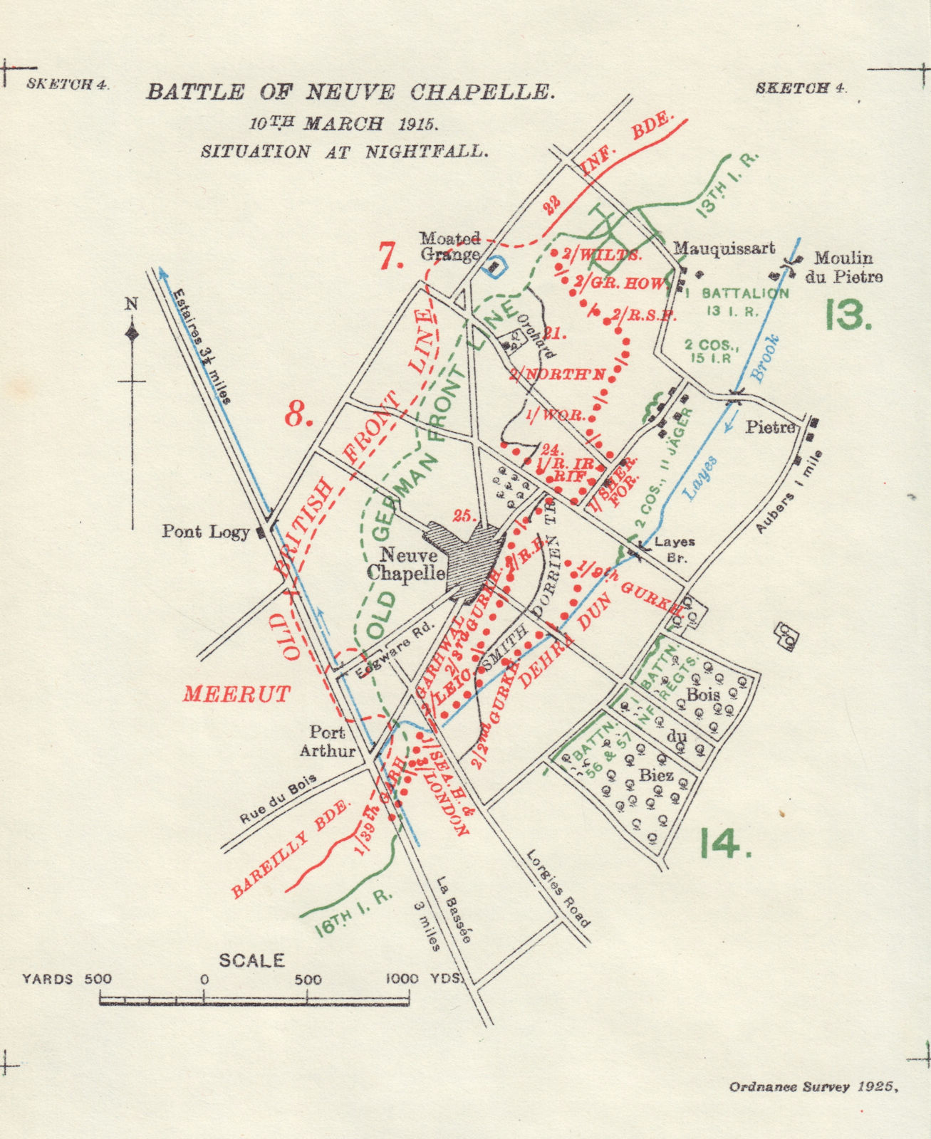 Associate Product Battle of Neuve Chapelle 10th March 1915. Nightfall situation. Trenches 1927 map