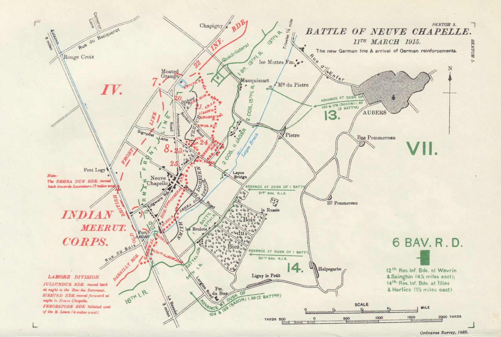 Battle of Neuve Chapelle 11th March 1915. New German line. WW1 Trenches 1927 map