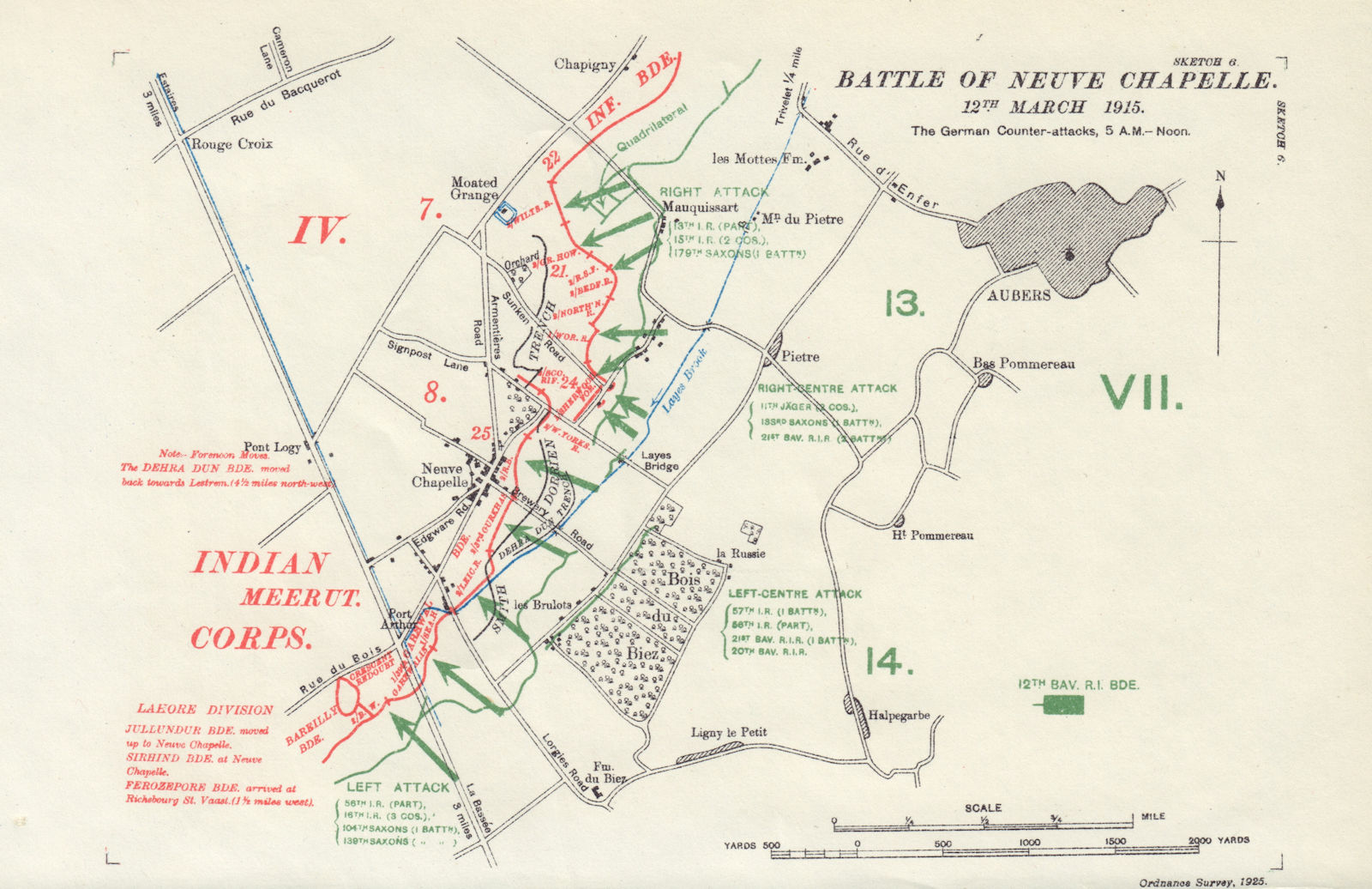 Battle of Neuve Chapelle 12 March 1915 German Counterattacks. Trenches 1927 map
