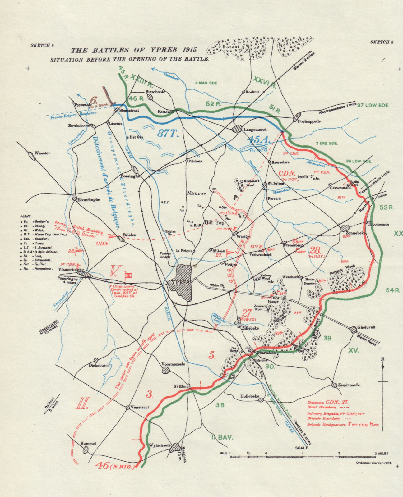 Battle of Ypres 1915. Situation before start. First World War. 1927 old map