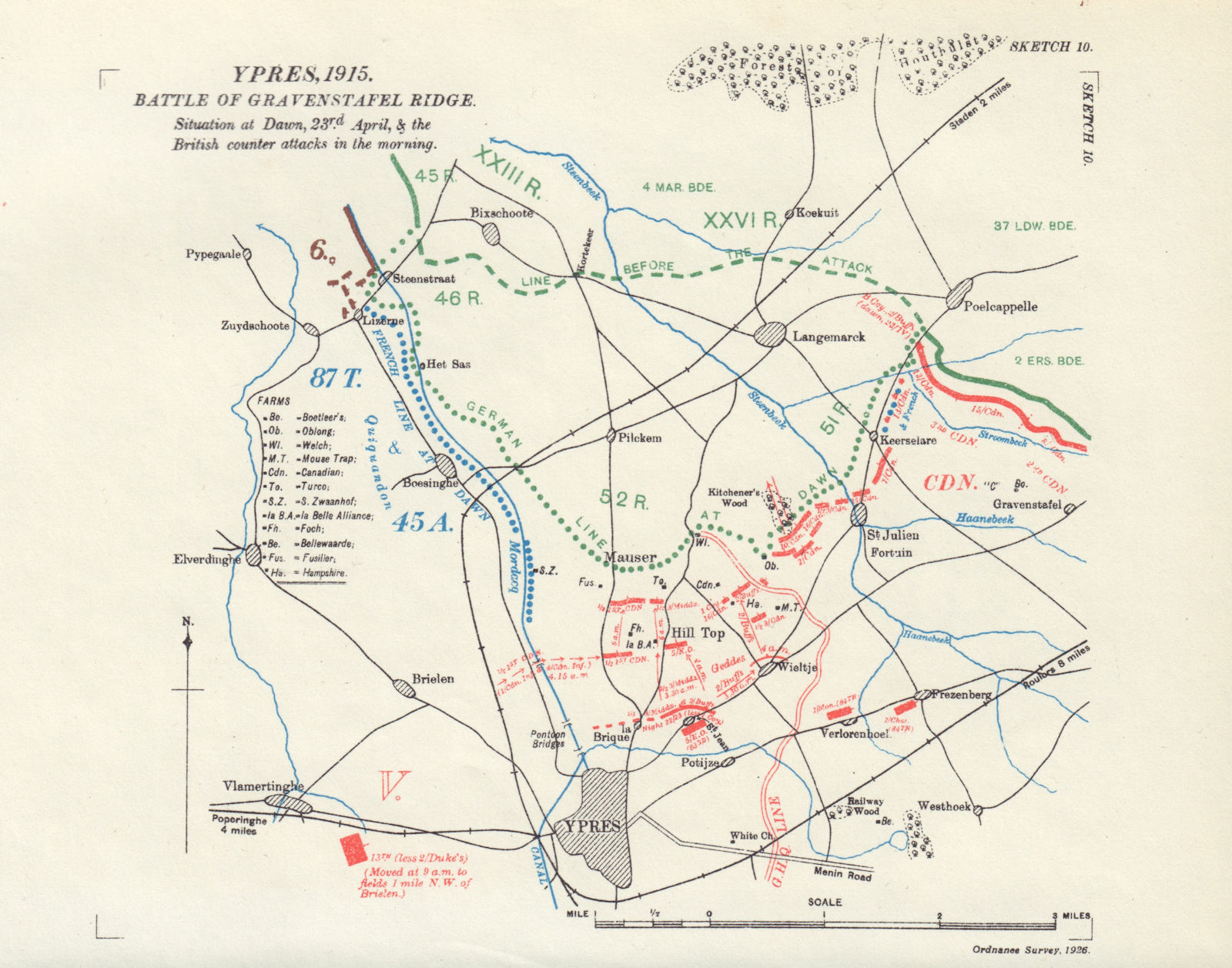 Battle of Gravenstafel Ridge. Morning 23rd April 1915. Ypres. WW1. 1927 map