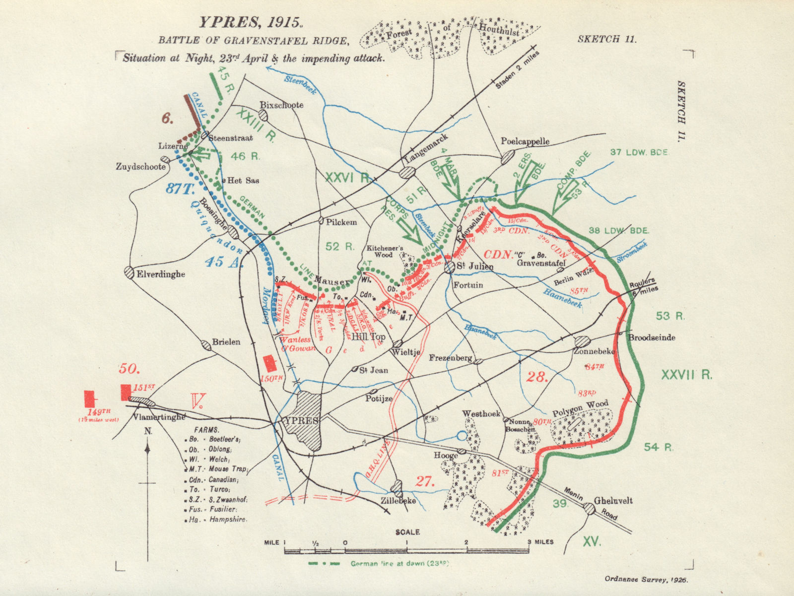Battle of Gravenstafel Ridge. Night 23rd April 1915. Ypres. WW1. 1927 old map