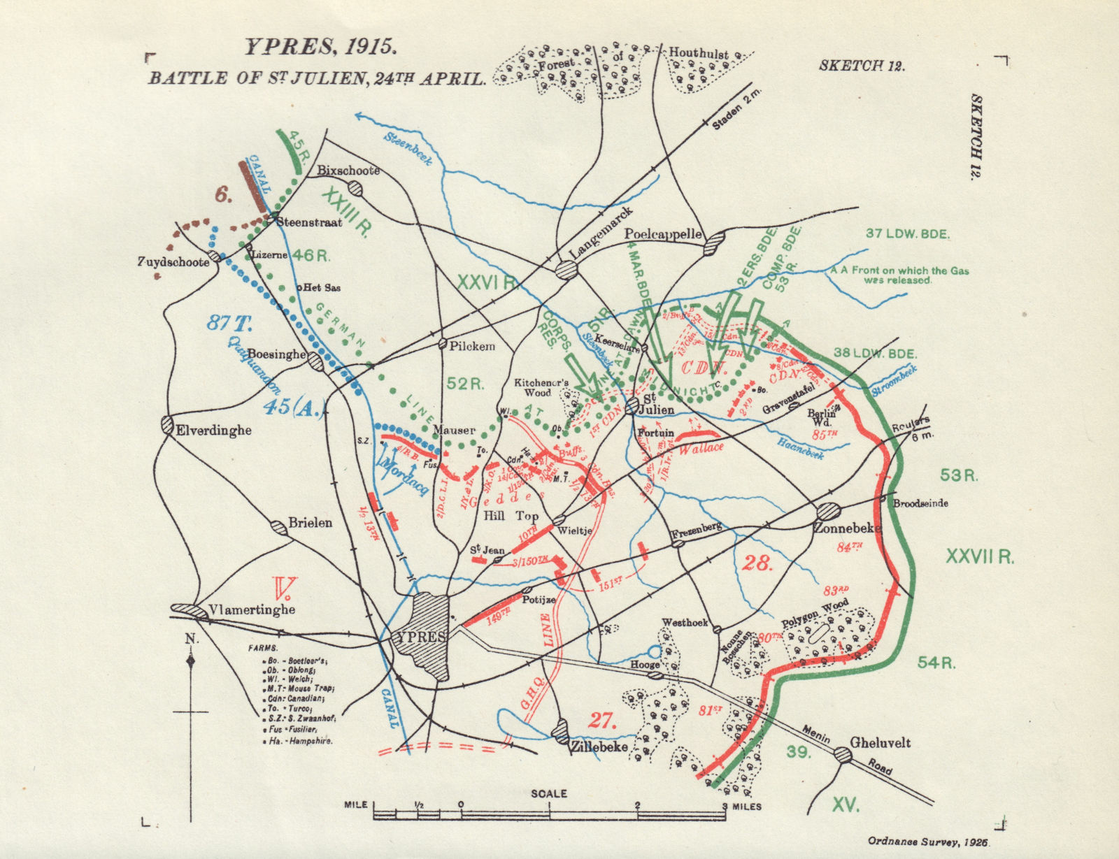 Battle of St Julien, 24th April 1915. Ypres. First World War. 1927 old map