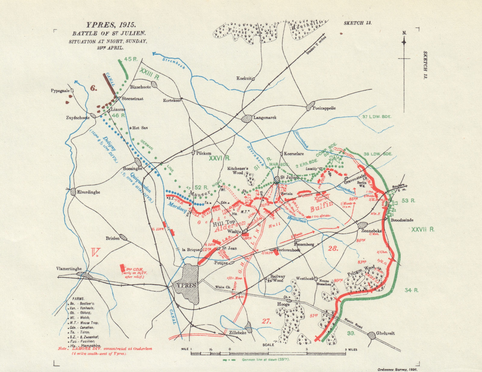 Ypres, 1915. Battle of St Julien. Situation at Night, 25th April. WW1. 1927 map