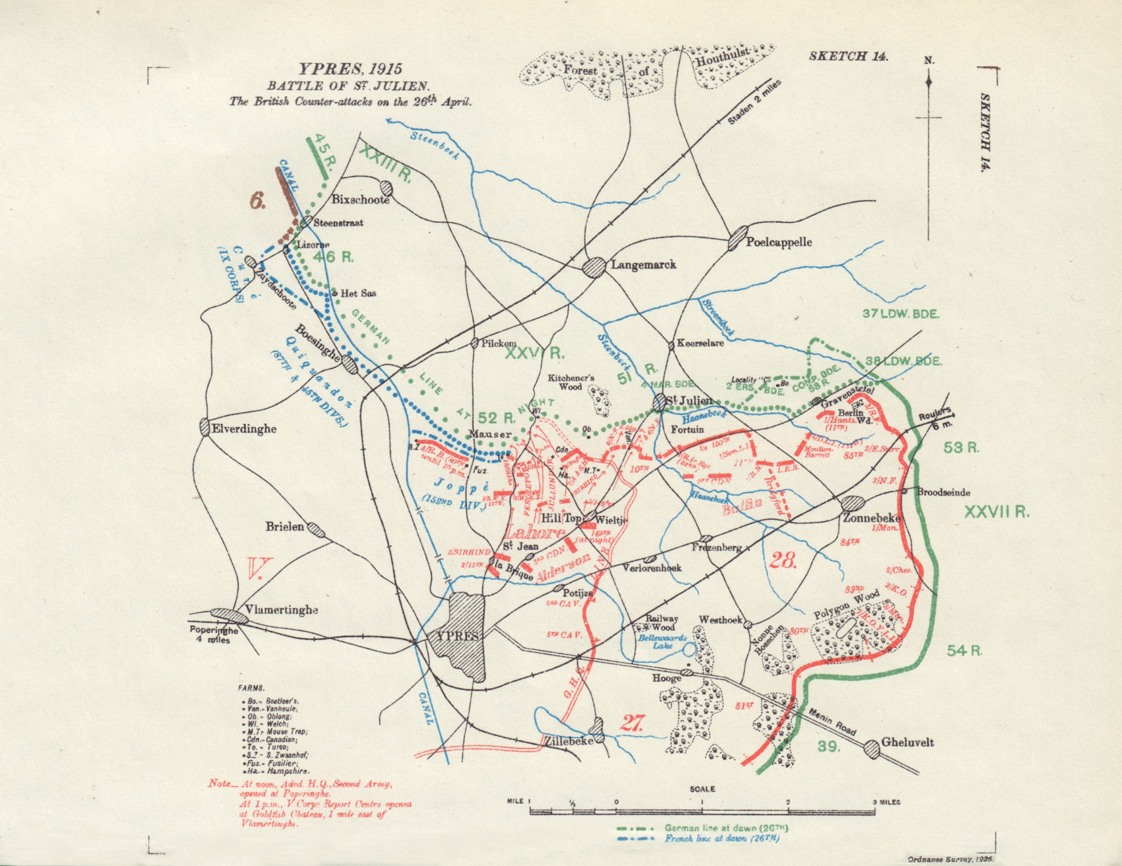 Battle of St Julien. British Counter-attack 26th April 1915. Ypres WW1. 1927 map