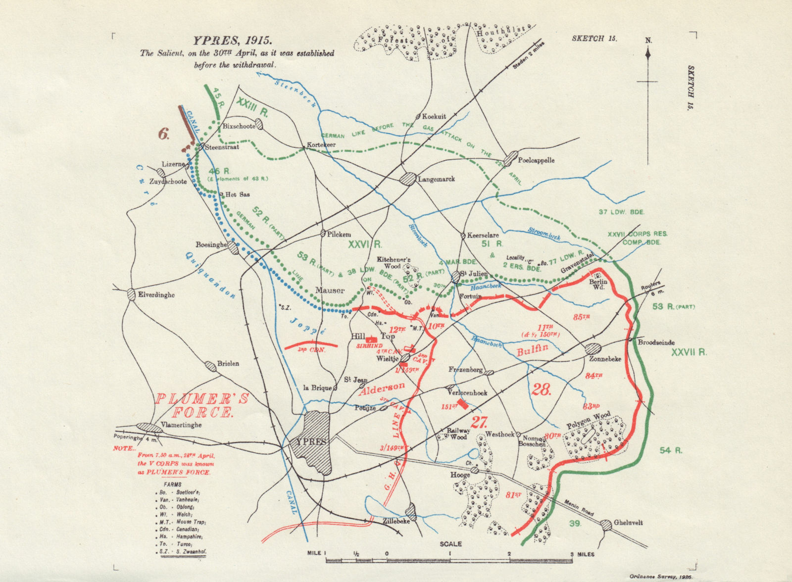 Associate Product Ypres Salient, 30th April 1915 before withdrawal. First World War. 1927 map
