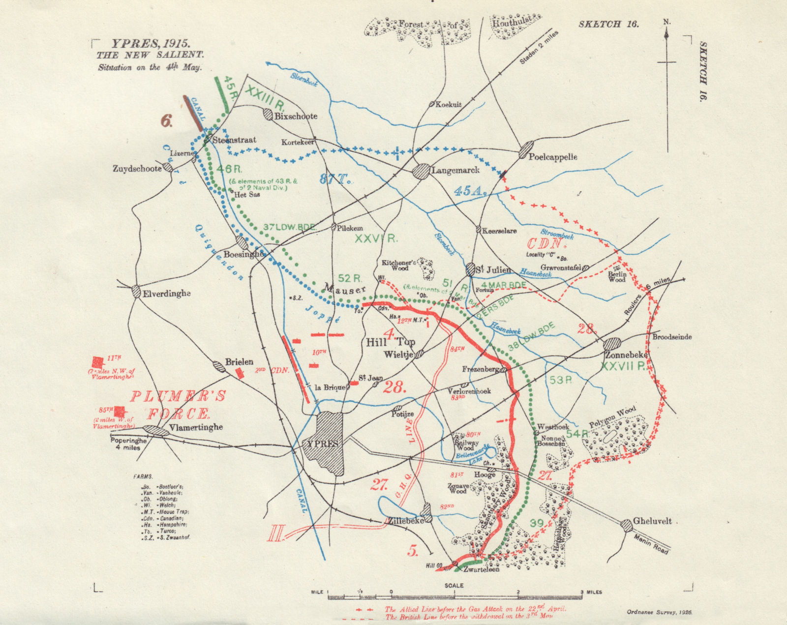 Associate Product Ypres, new salient. Situation 4th May 1915. First World War. 1927 old map