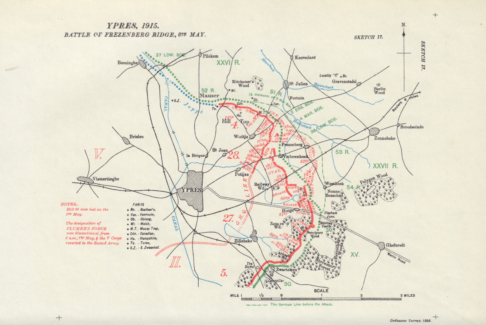 Battle of Frezenberg Ridge, 8th May 1915. Ypres. First World War. 1927 old map