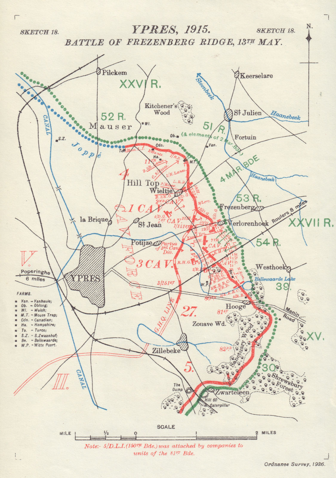 Battle of Frezenberg Ridge, 13th May 1915. Ypres. First World War. 1927 map