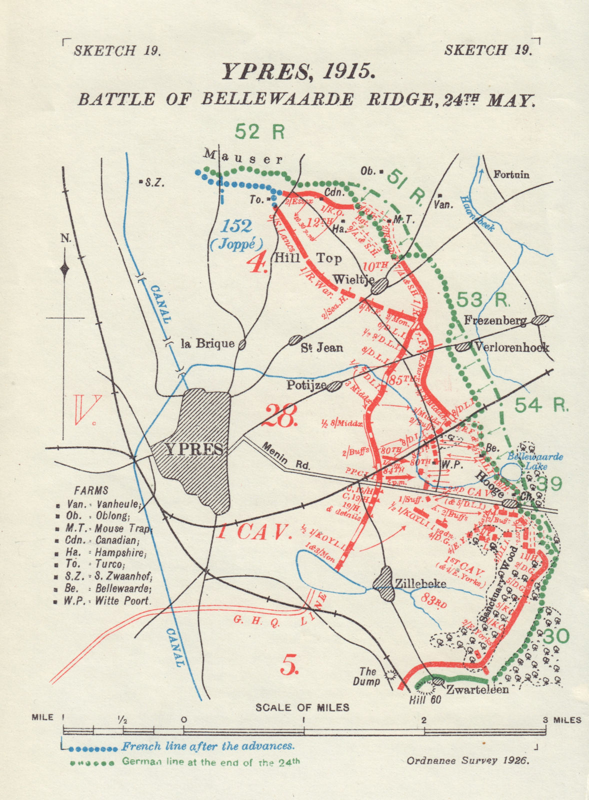 Battle of Bellewaarde Ridge, 24th May 1915. Ypres. First World War. 1927 map