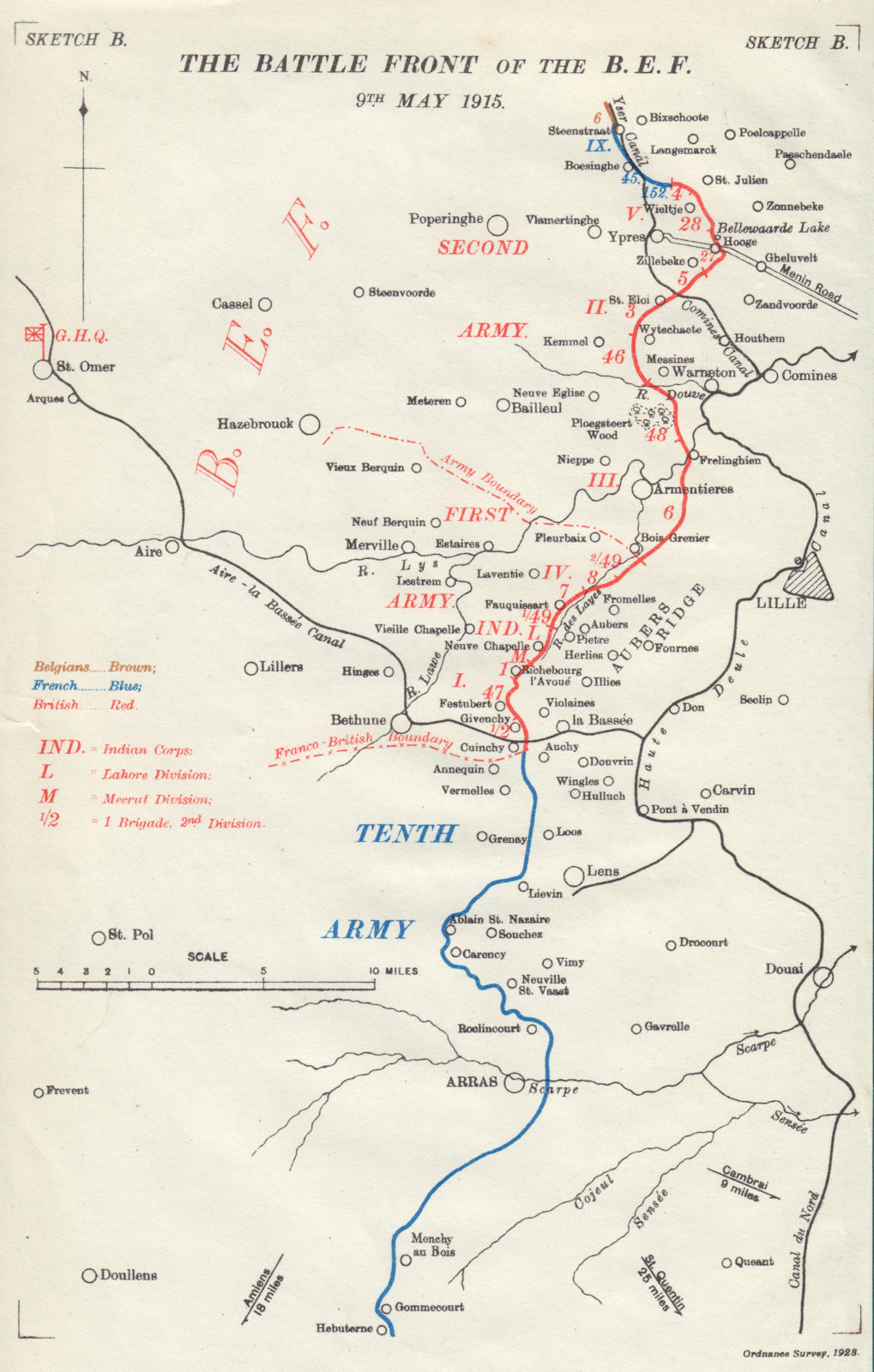 B.E.F. Battle Front 9th May 1915. Battle of Aubers. First World War. 1928 map