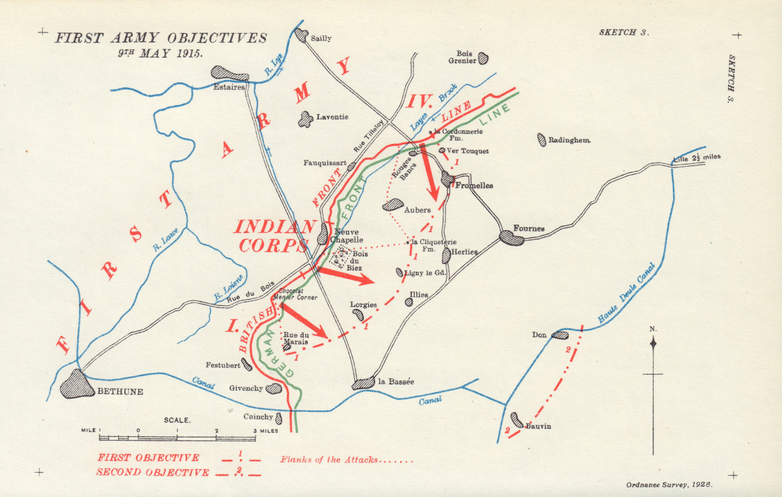 First Army Objectives 9th May 1915. Battle of Aubers. First World War. 1928 map