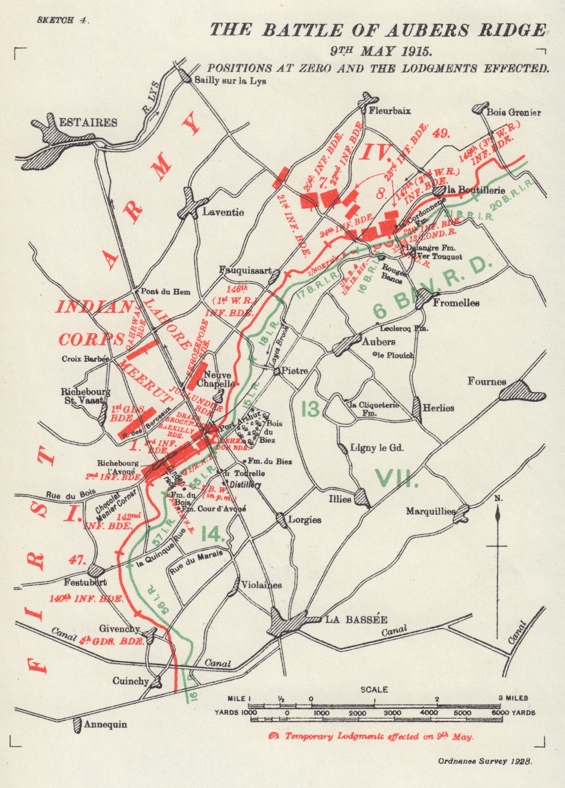 Battle of Aubers Ridge 9th May 1915. Positions at zero. WW1. 1928 old map