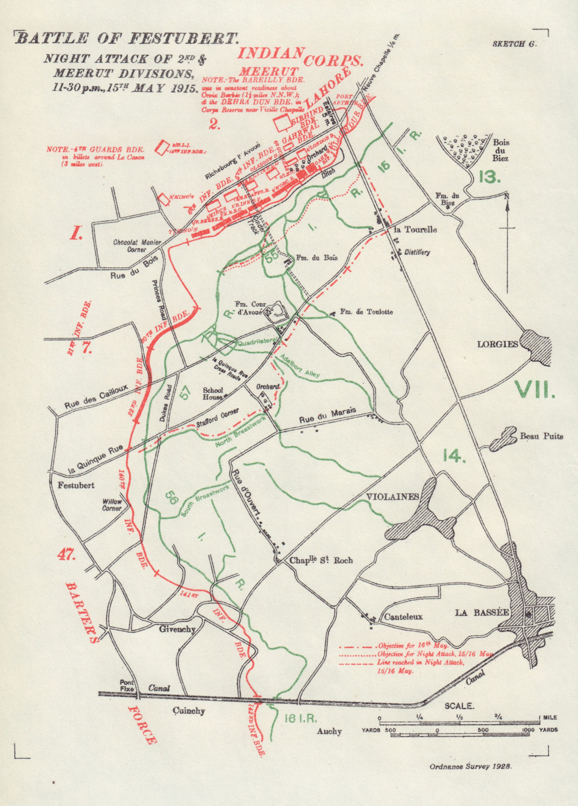 Battle of Festubert 11:30pm, 15th May 1915 night attack. WW1. Trenches 1928 map