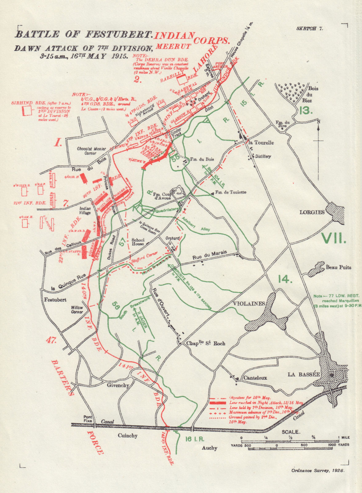 Battle of Festubert, 16th May 1915. 7th Division dawn attack. Trenches 1928 map