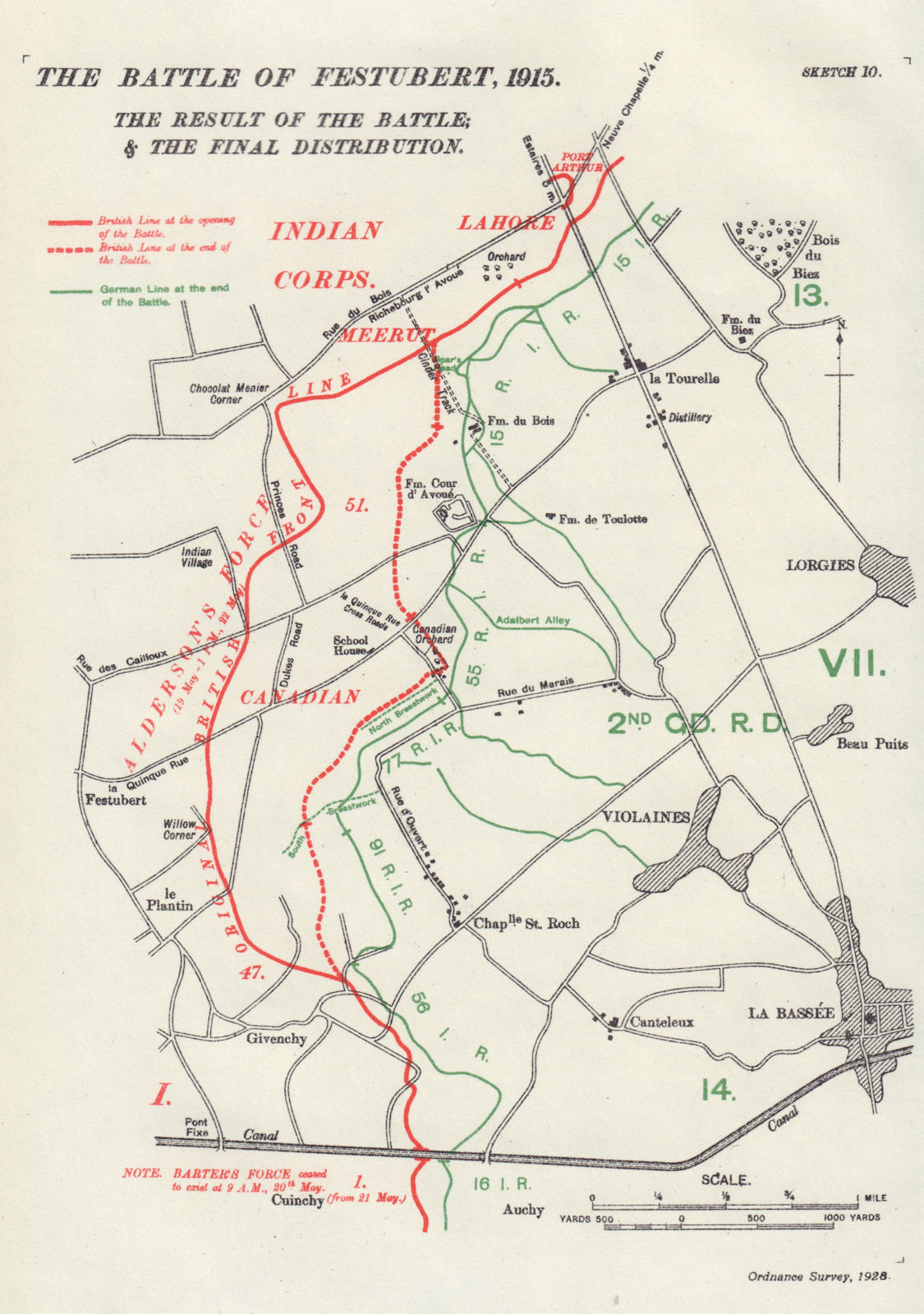 Battle of Festubert, 1915. Battle result & Final Distribution. Trenches 1928 map