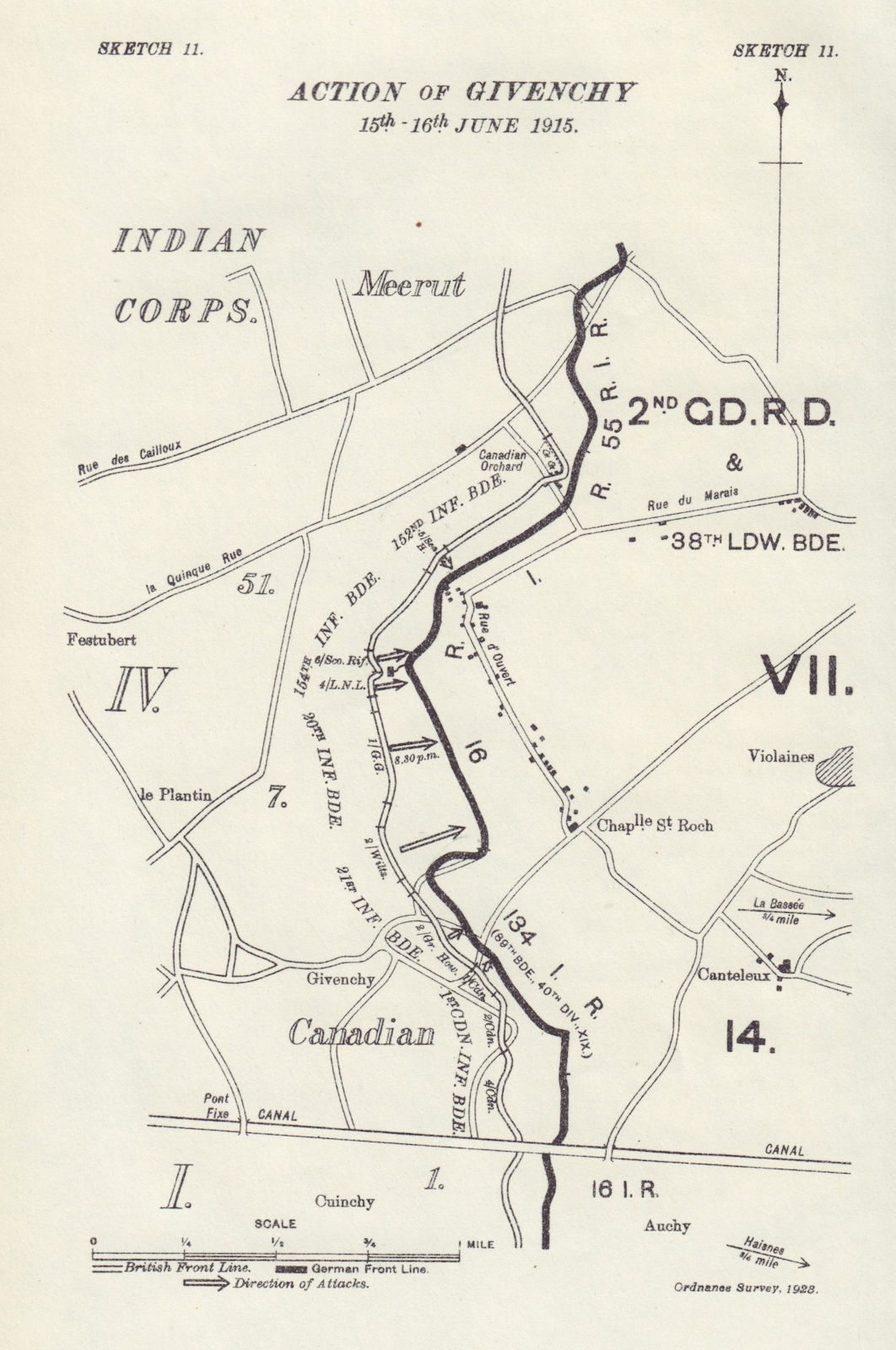 Associate Product Action of Givenchy 15-16th June 1915. Battle of Artois First World War. 1928 map
