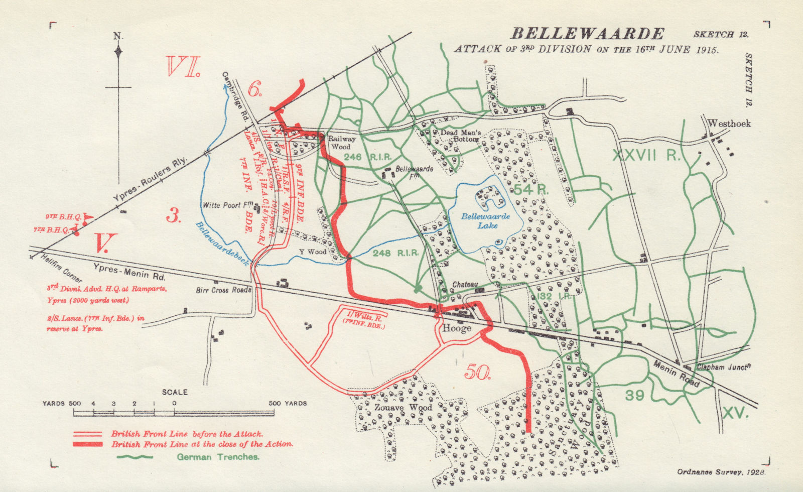 Bellewaarde. 3rd Division attack, 16th June 1915. Ypres. Trenches 1928 old map
