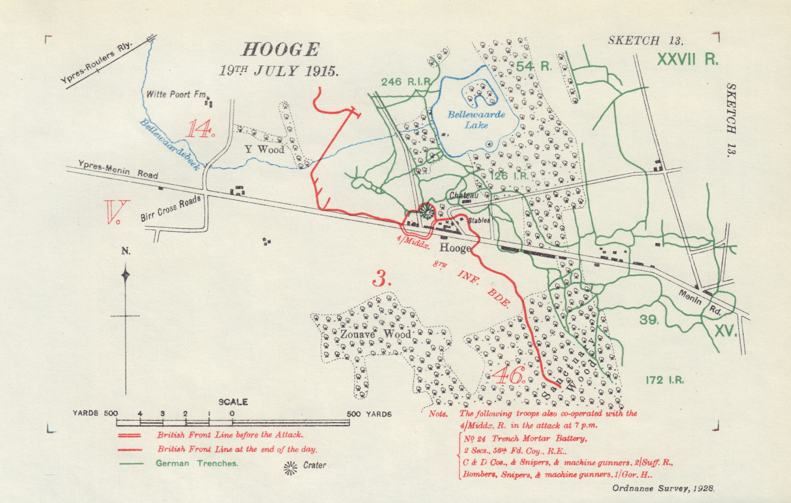 Hooge, 19th July 1915. Bellawaarde. First World War. Trenches 1928 old map